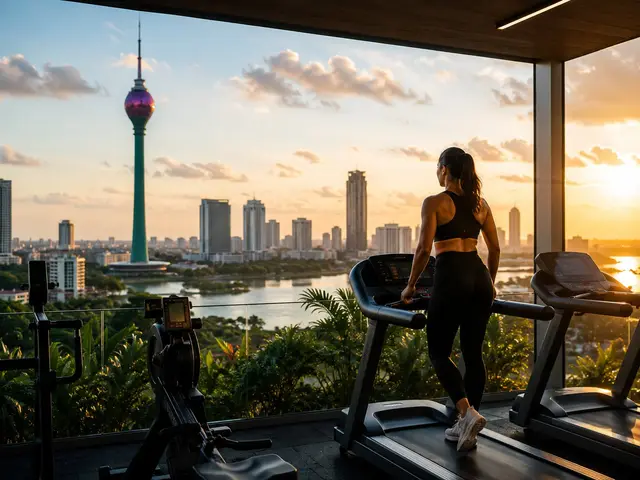 Colombo skyline at sunset with a rooftop gym overlooking the city
