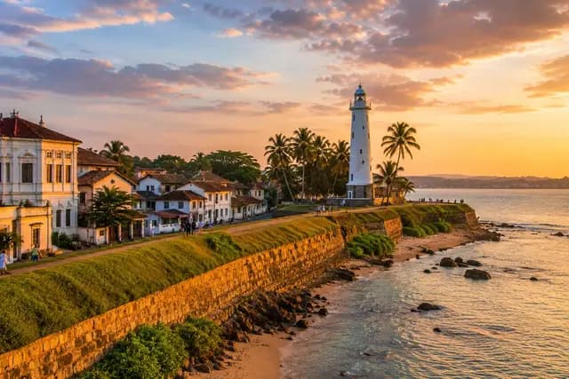 Galle Fort lighthouse and colonial buildings by the ocean at sunset
