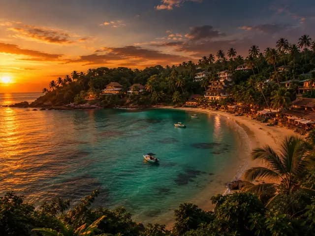 Unawatuna bay at golden hour with a tropical beach and boats