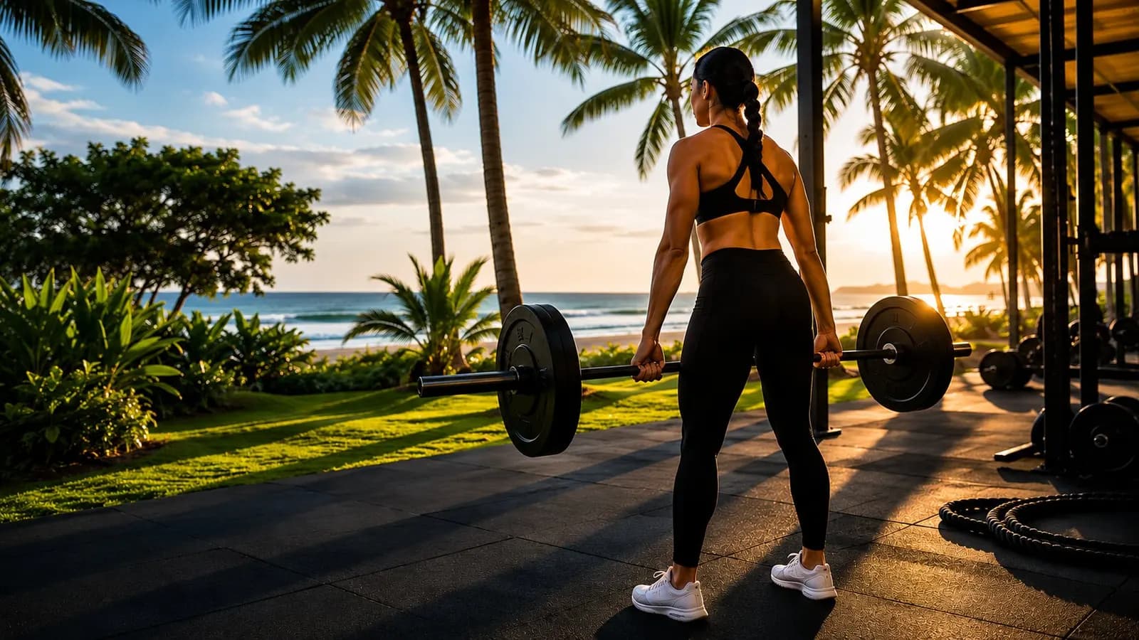 Athlete deadlifting in an open-air tropical gym at sunset in Sri Lanka with palm trees and the ocean behind
